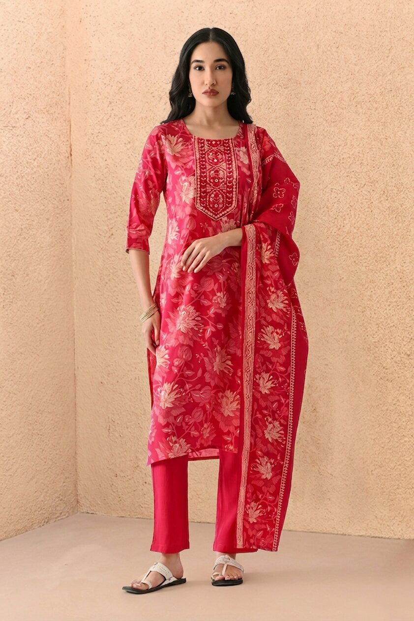 Pink Printed Kurta 3 Pcs Set