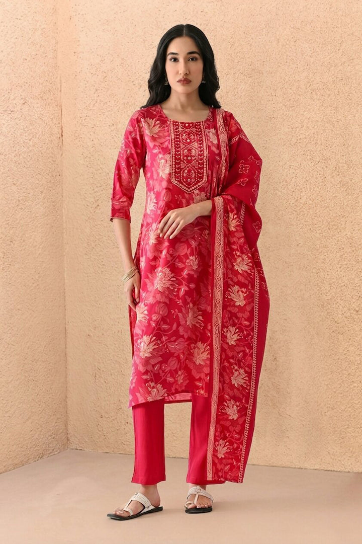 Pink Printed Kurta Set(3 Piece)