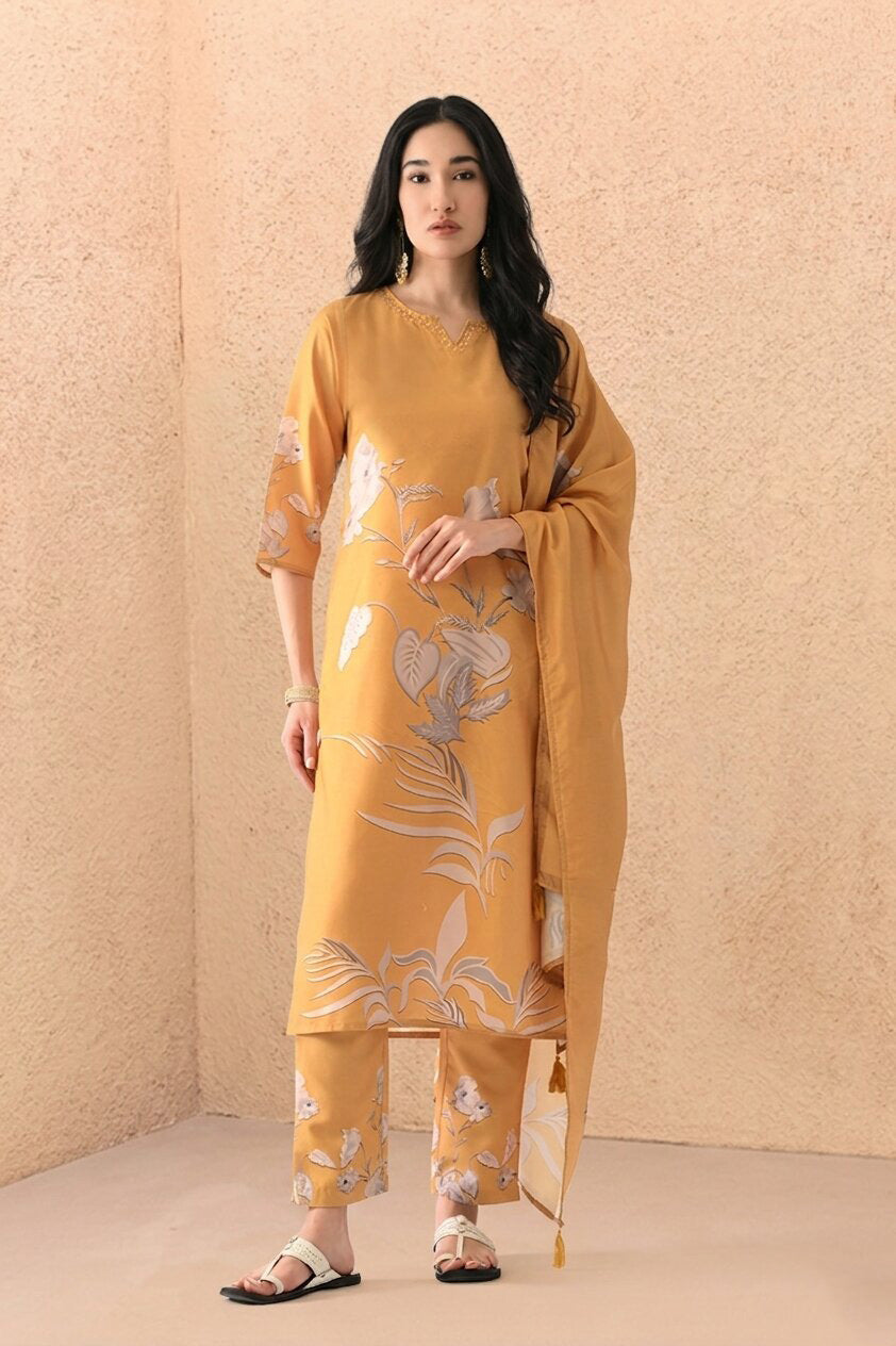 Mustard Printed Kurta 3 Pcs Set