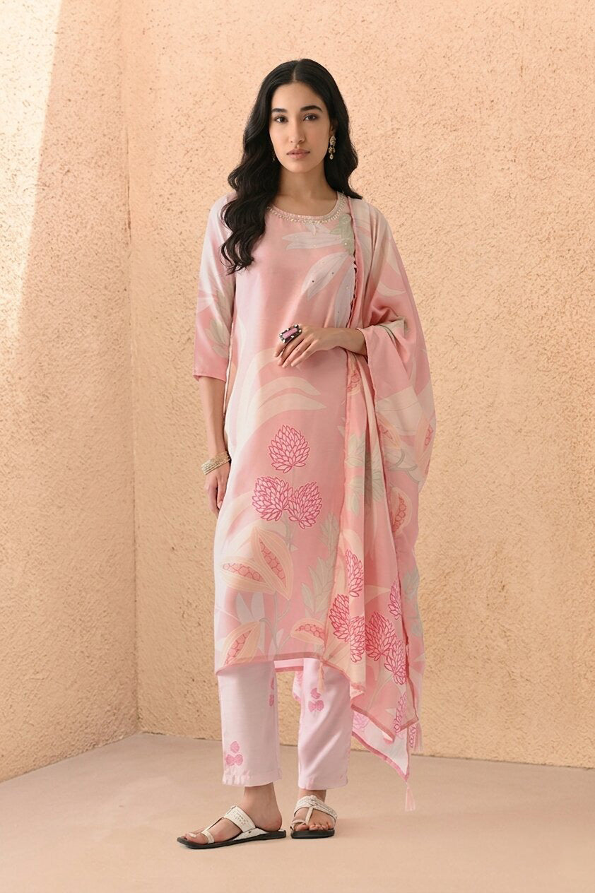 Soft Pink Printed Kurta 3 Pcs Set