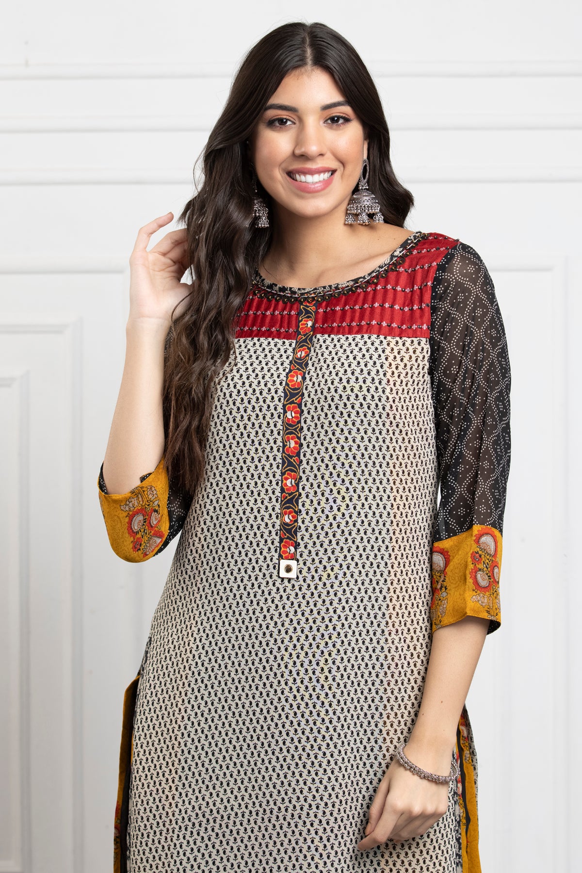 Black Cream Printed Straight Kurta