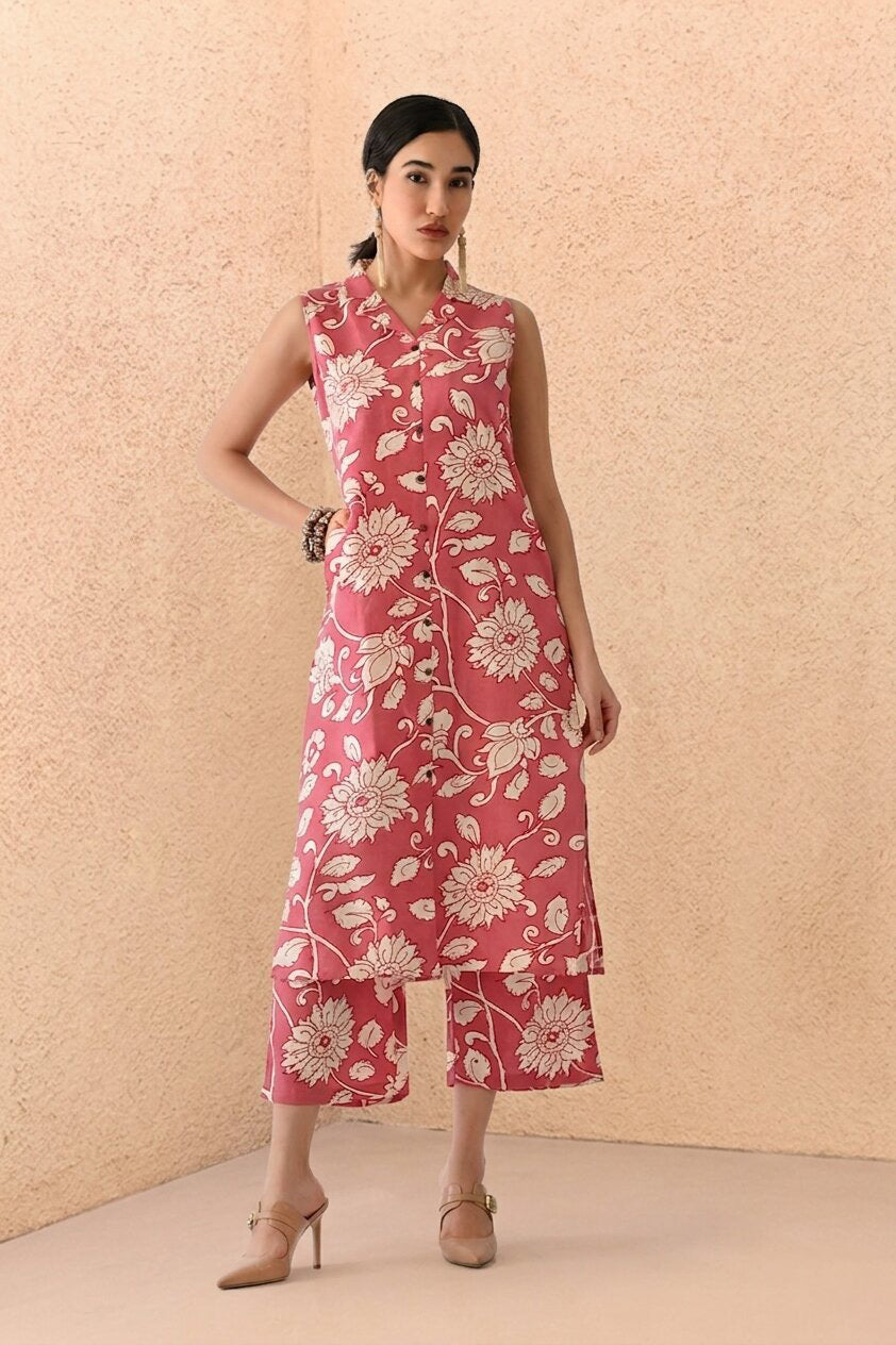 Orchid Pink Printed A-line Kurta Set(2 Piece)