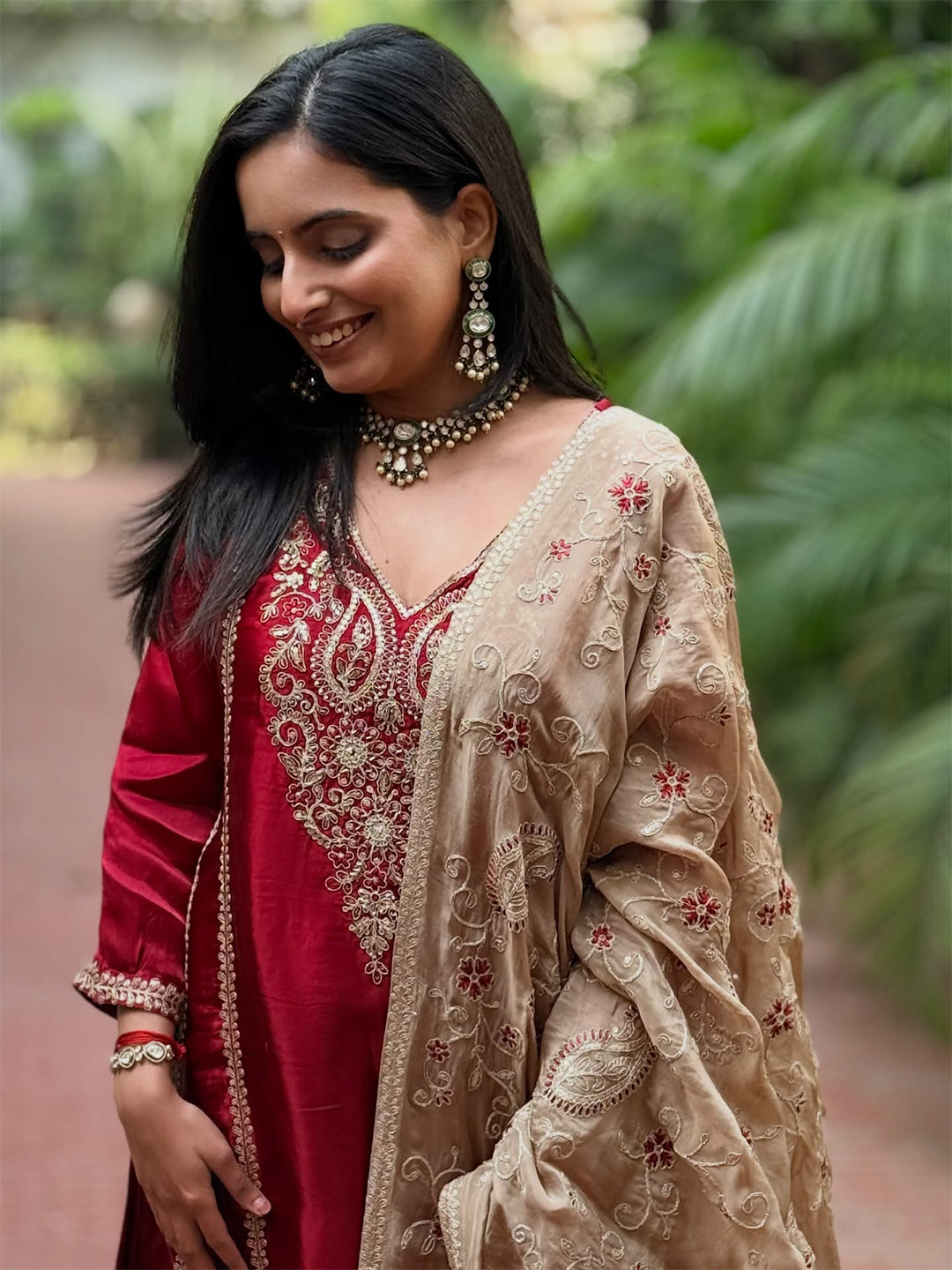 Maroon Embroidered Kurta 3 Pcs Set