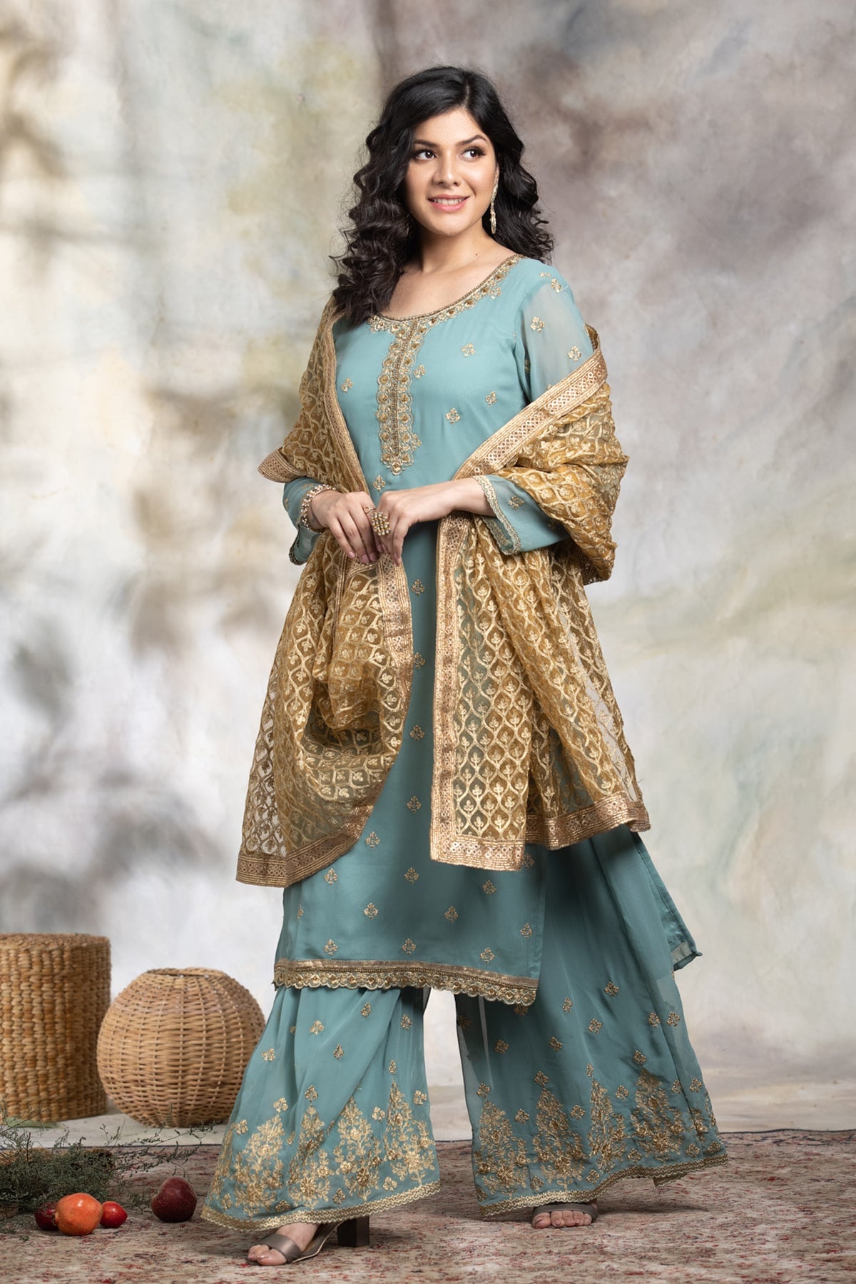 Green Embroidered Kurta & Sharara with Dupatta