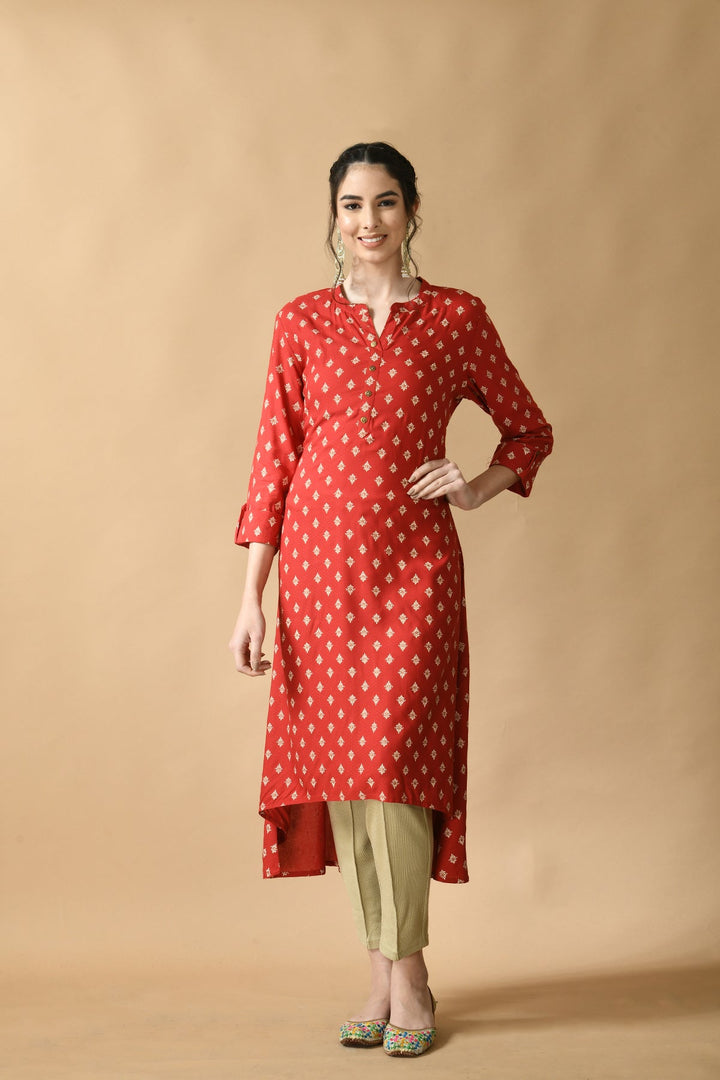 Red Printed High Low Kurta