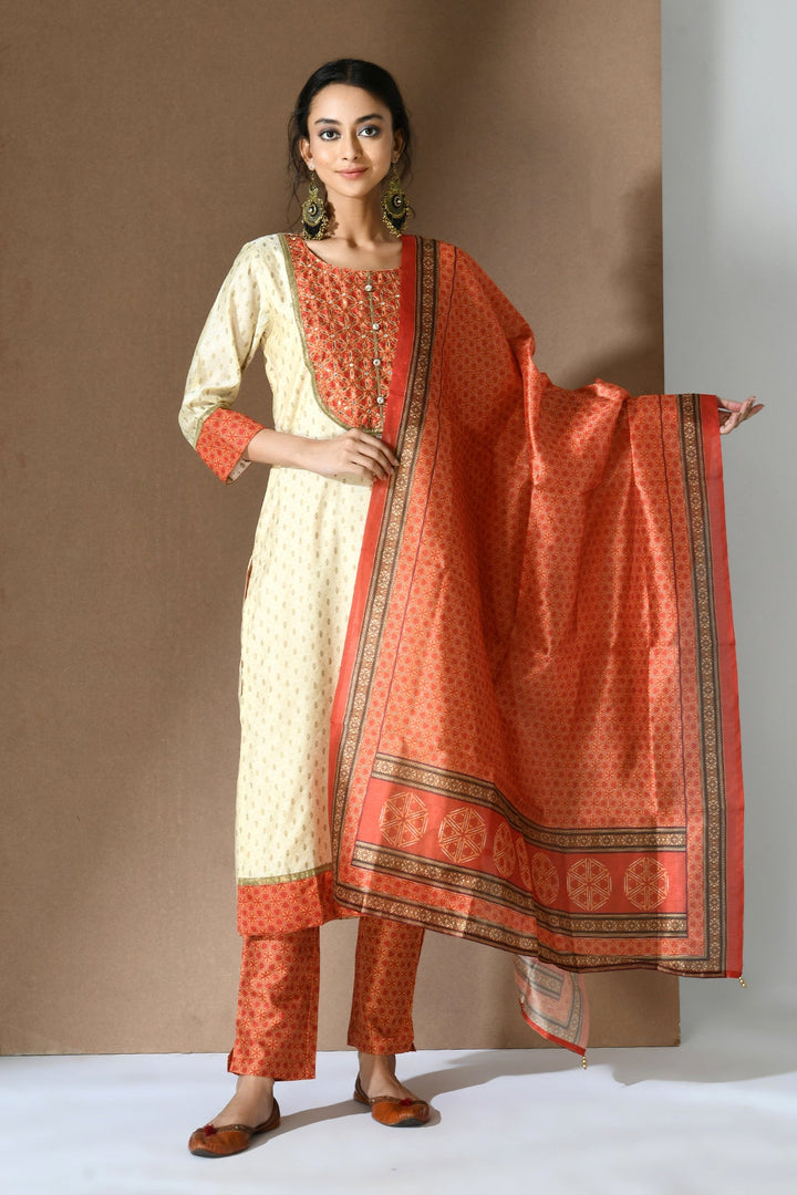 Beige Orange Printed Embroidered Kurta Set