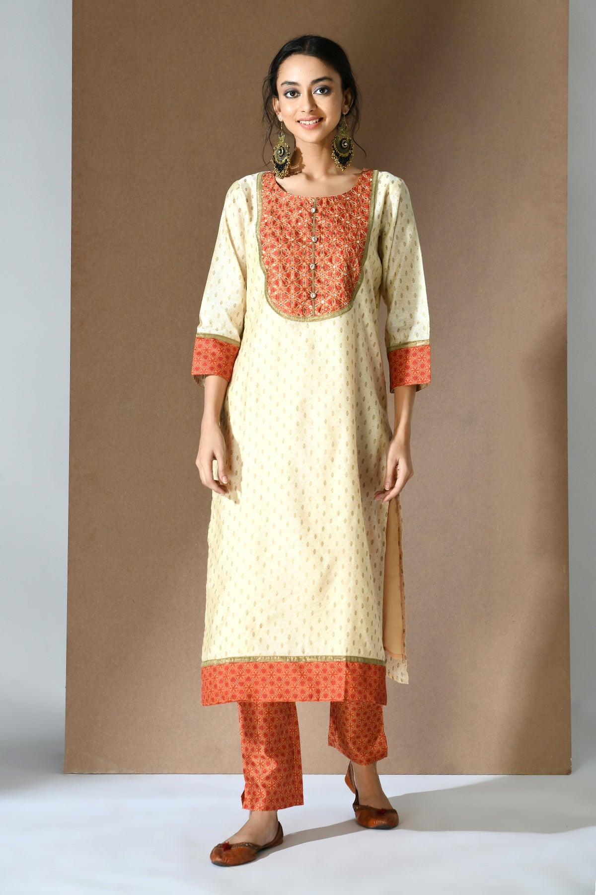 Beige Orange Printed Embroidered Kurta Set