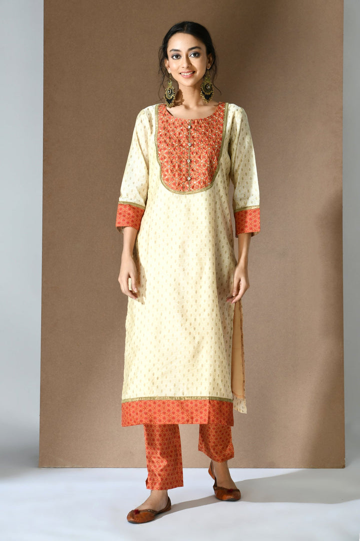 Beige Orange Printed Embroidered Kurta Set