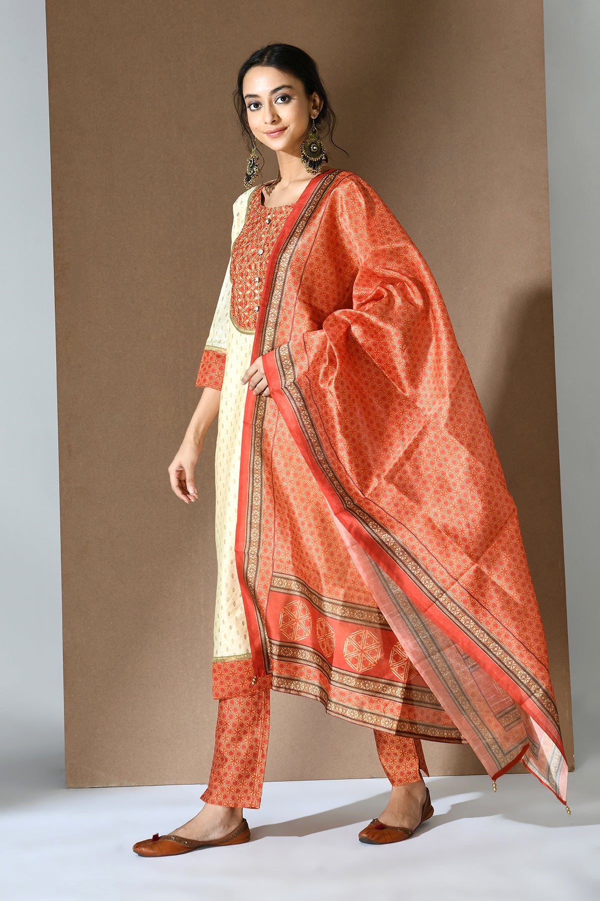 Beige Orange Printed Embroidered Kurta Set