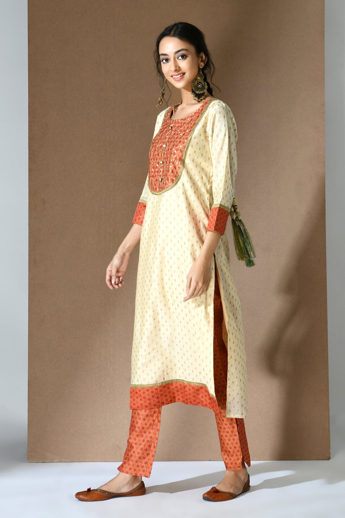 Beige Orange Printed Embroidered Kurta Set
