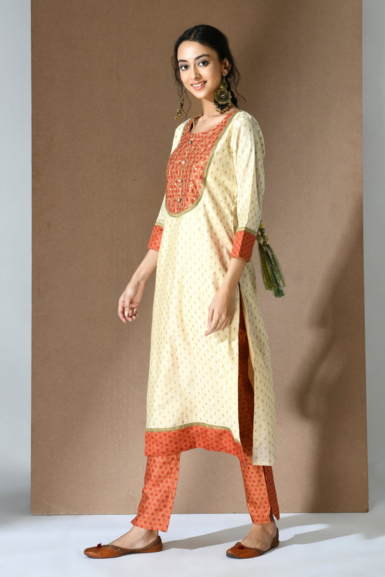 Beige Orange Printed Embroidered Kurta Set