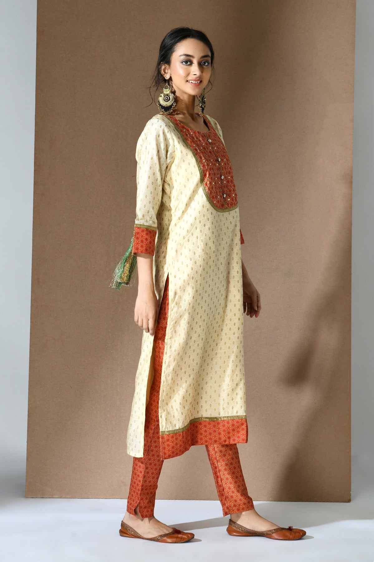 Beige Orange Printed Embroidered Kurta Set