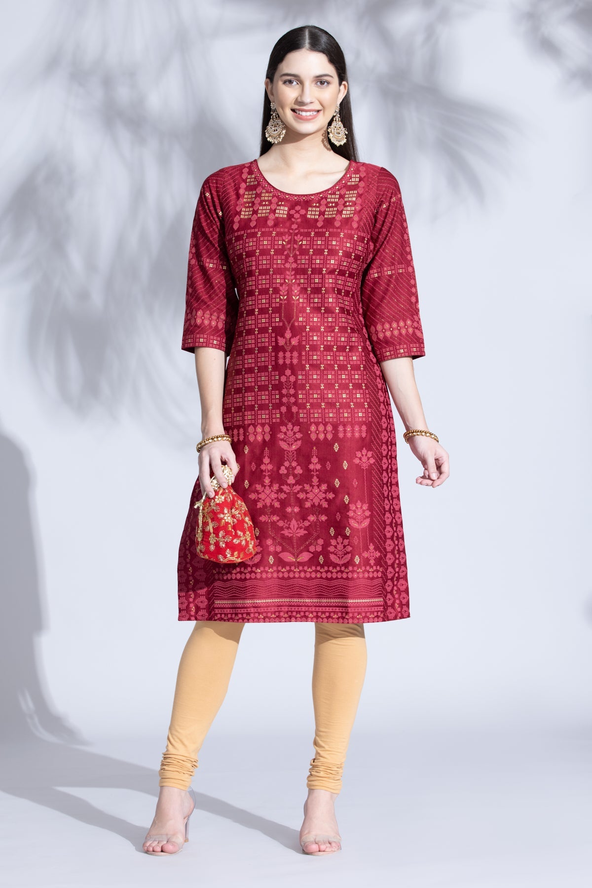 Maroon Gold Foil Print Straight Kurta