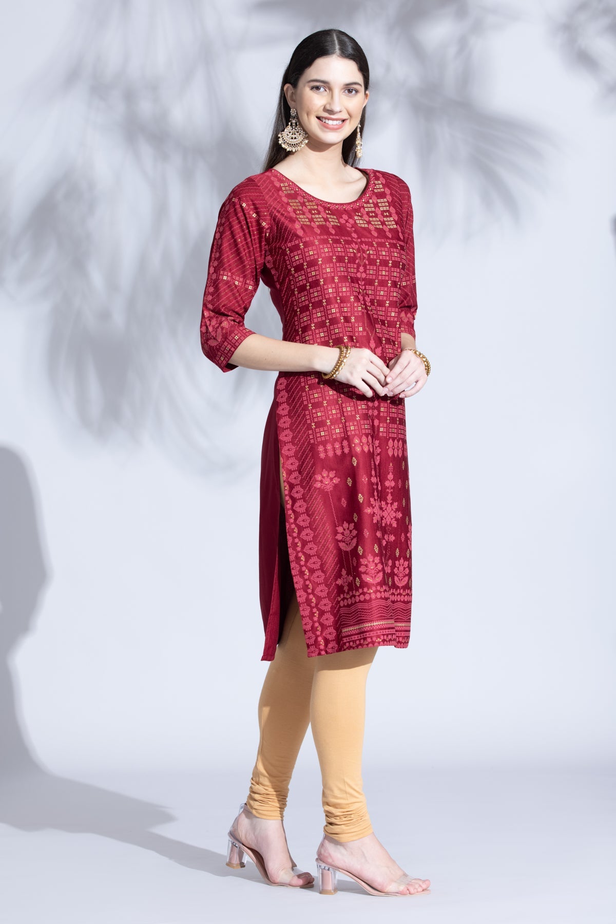 Maroon Gold Foil Print Straight Kurta