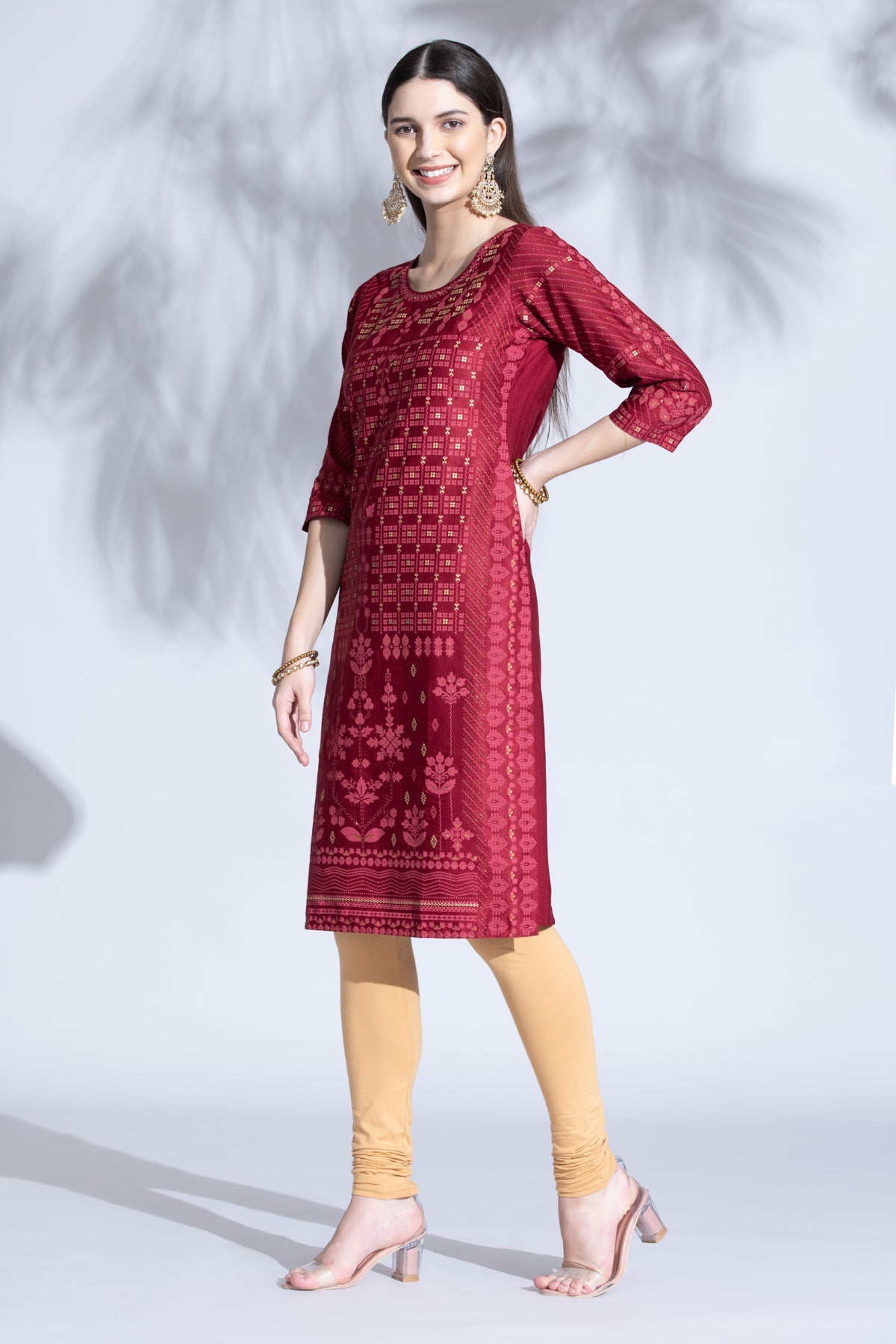 Maroon Gold Foil Print Straight Kurta