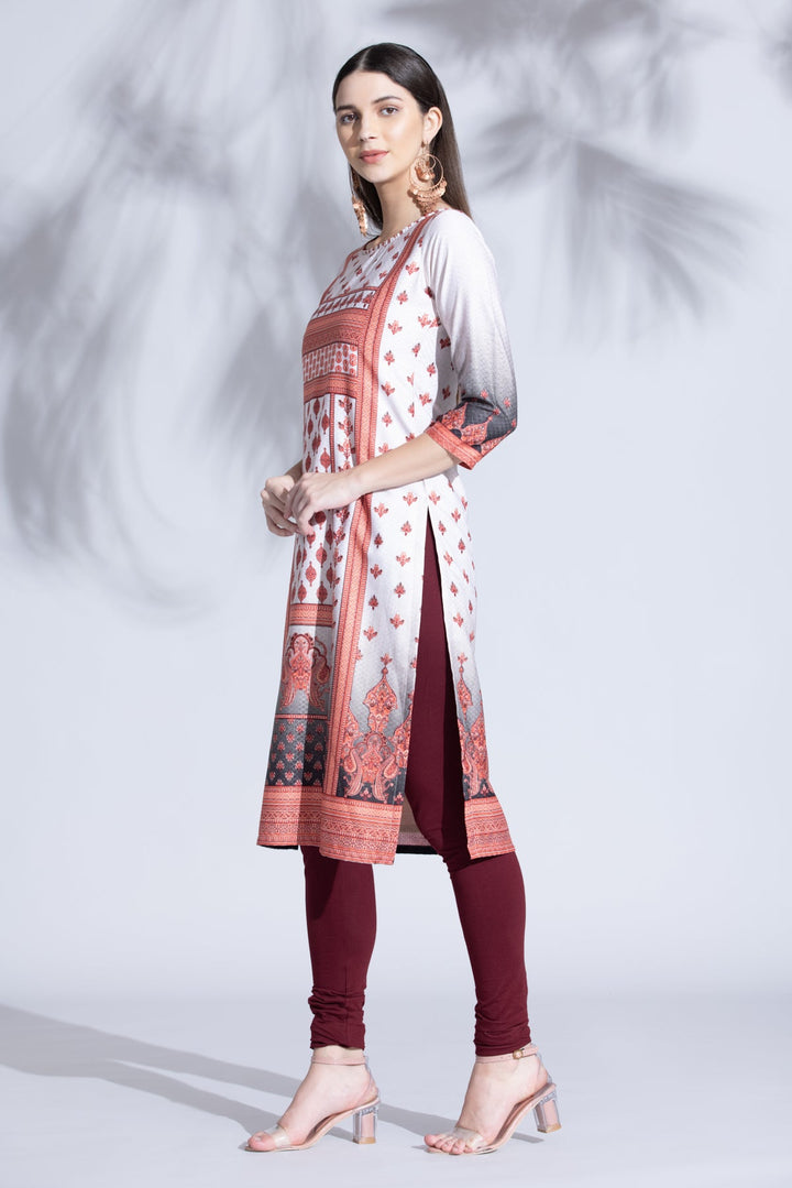 Cream Printed Straight Kurta