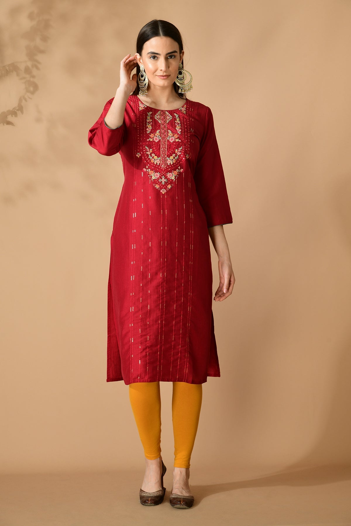 Maroon Yoke Embroidered Kurta