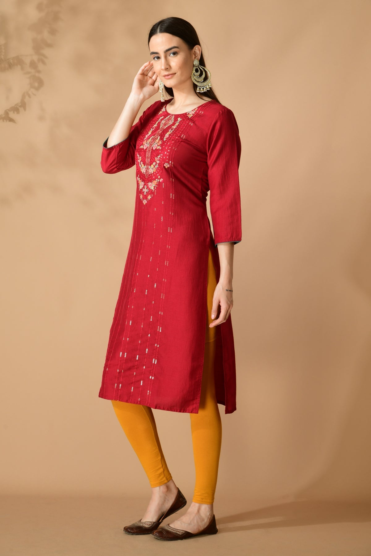 Maroon Yoke Embroidered Kurta