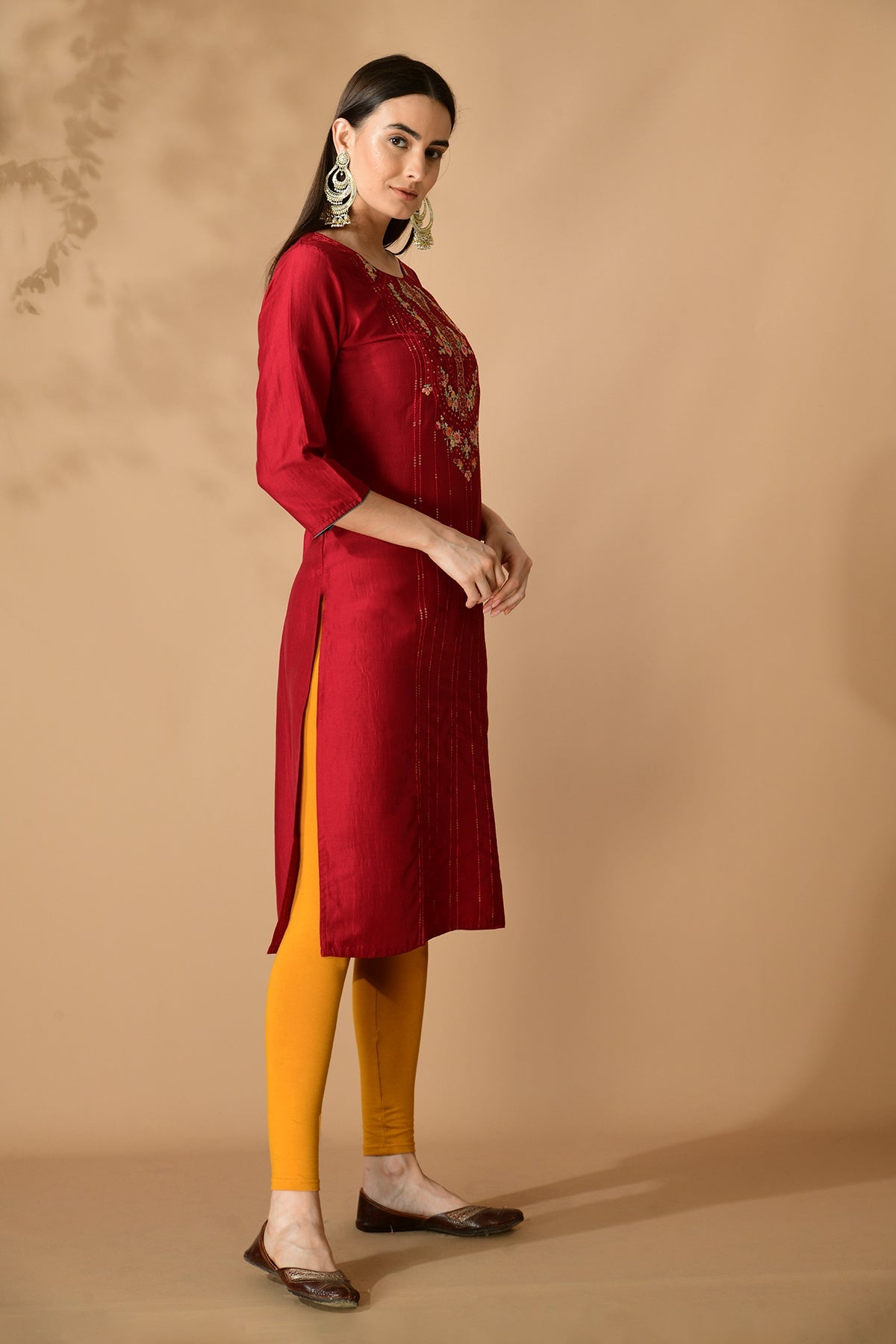 Maroon Yoke Embroidered Kurta