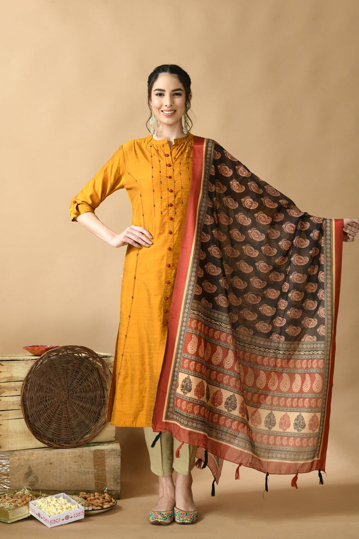 Black Red Ethnic Printed Dupatta
