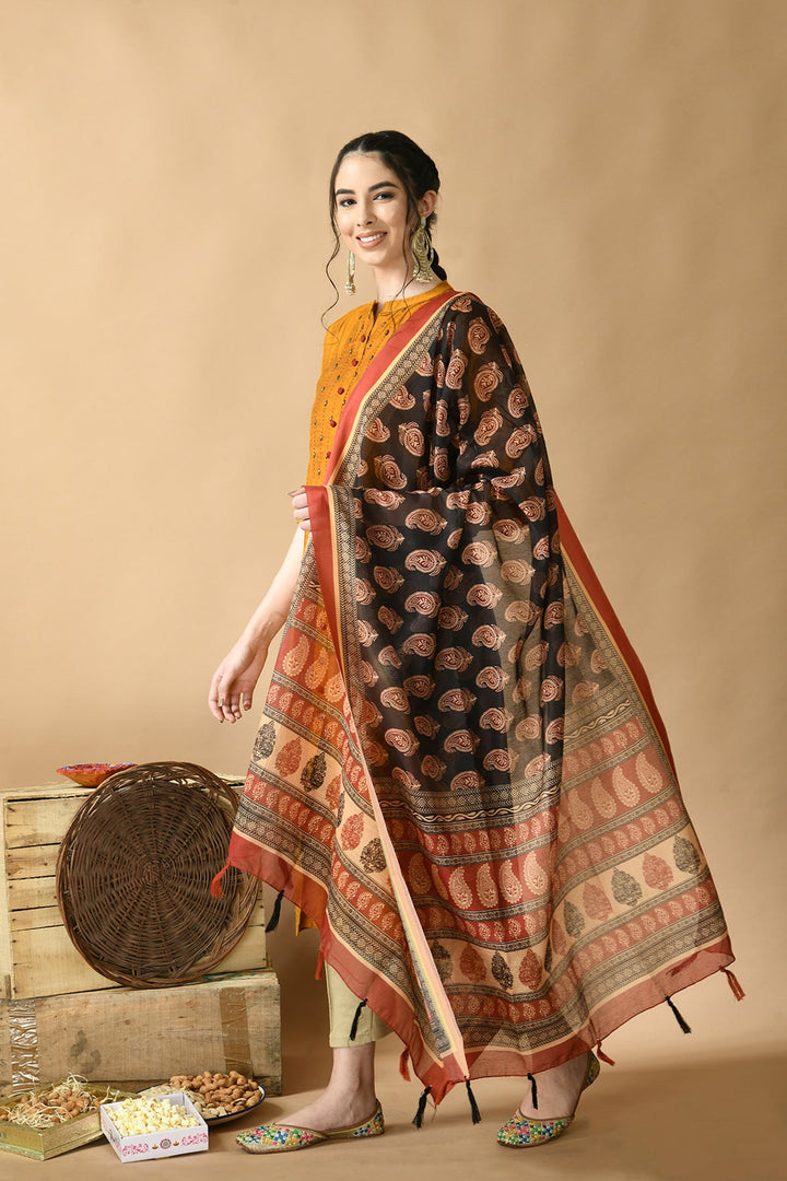 Black Red Ethnic Printed Dupatta