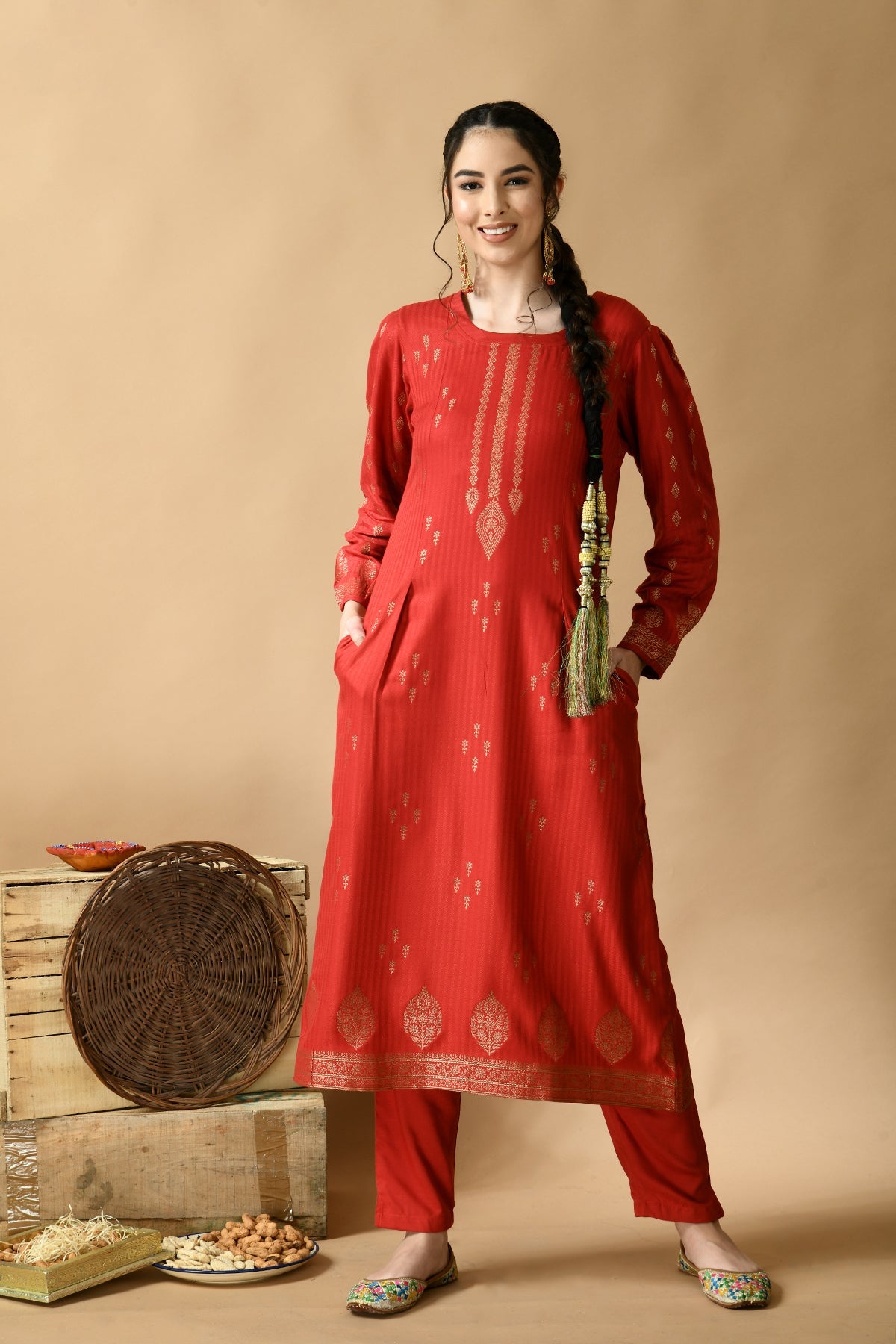 Maroon Yoke Design Kurta 2 Pcs Set