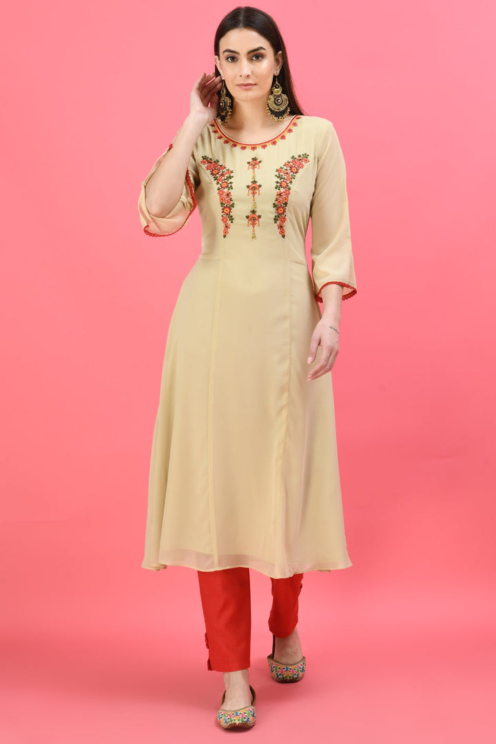 Beige Embroidered Midi Dress