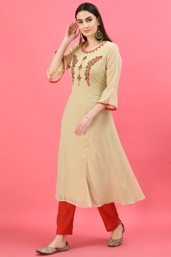 Beige Embroidered Midi Dress