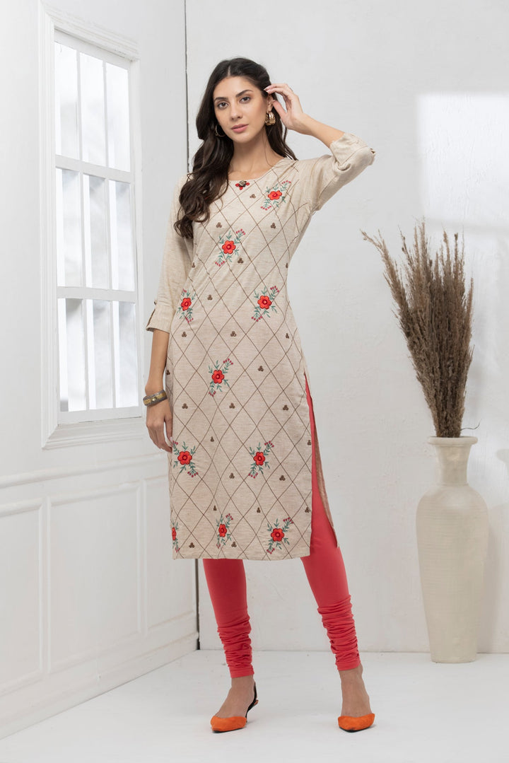 Beige Embroidered Straight Kurta