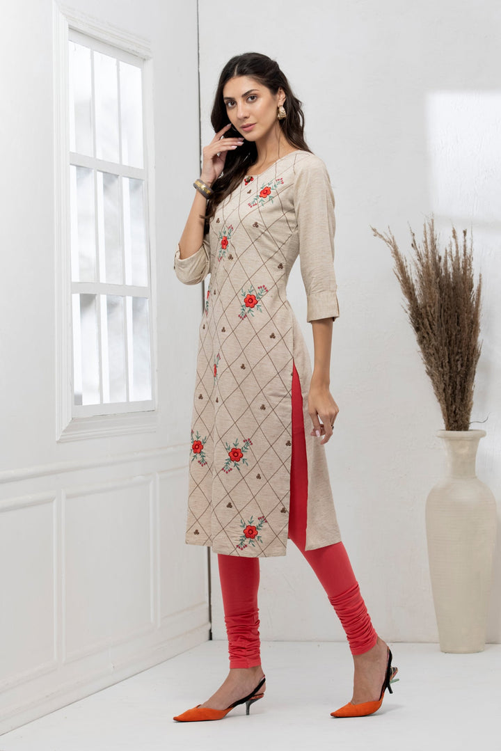 Beige Embroidered Straight Kurta