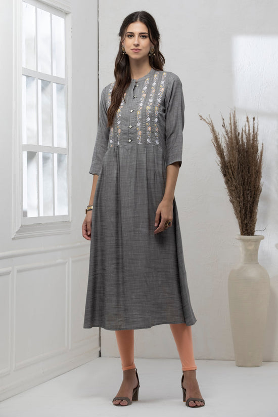 Grey Yoke Embroidered Dress