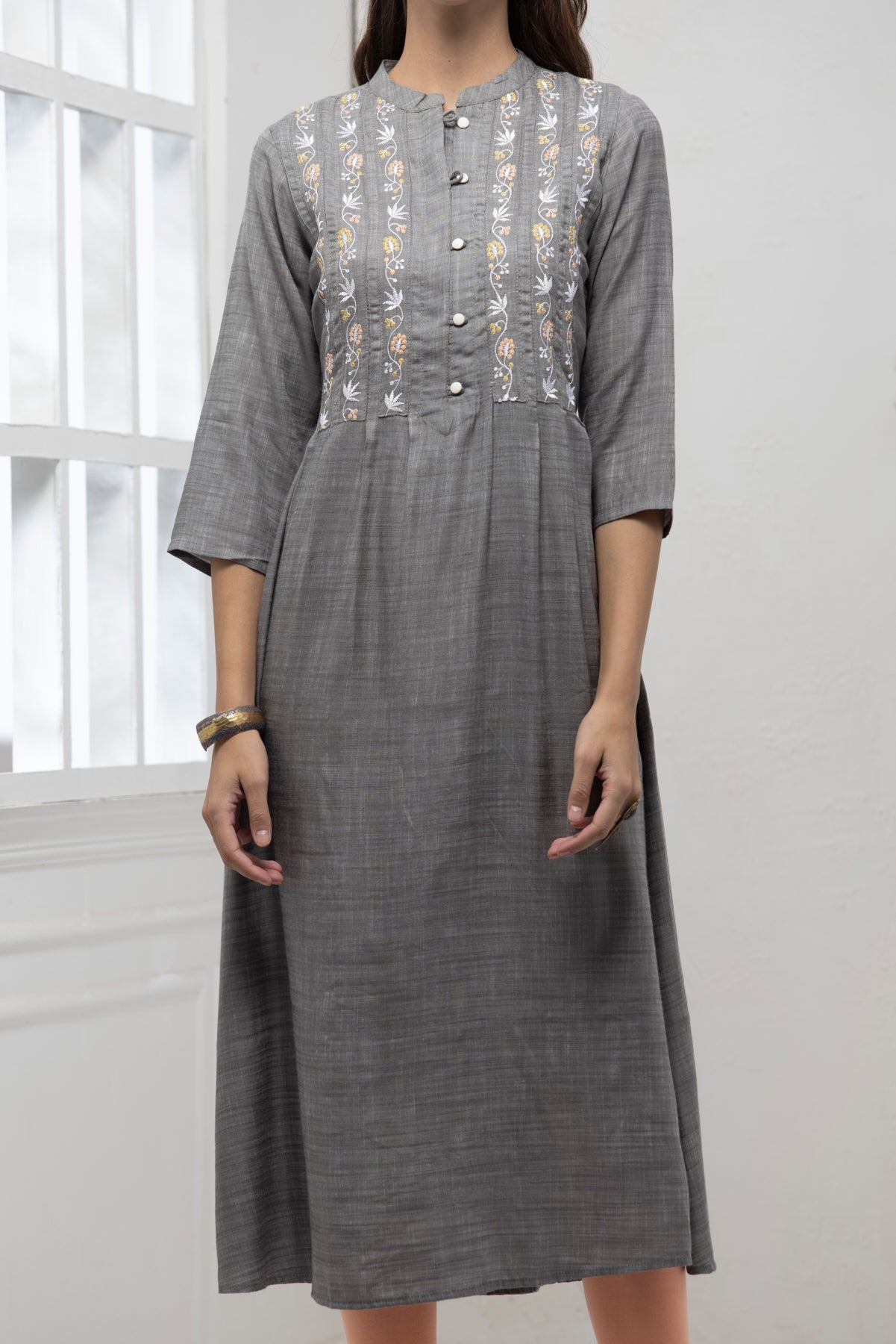 Grey Yoke Embroidered Dress