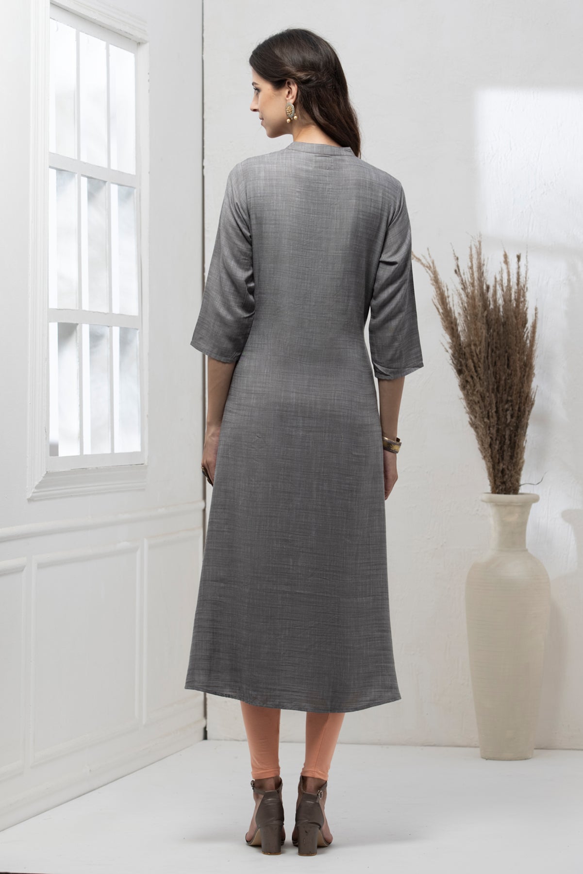 Grey Yoke Embroidered Dress