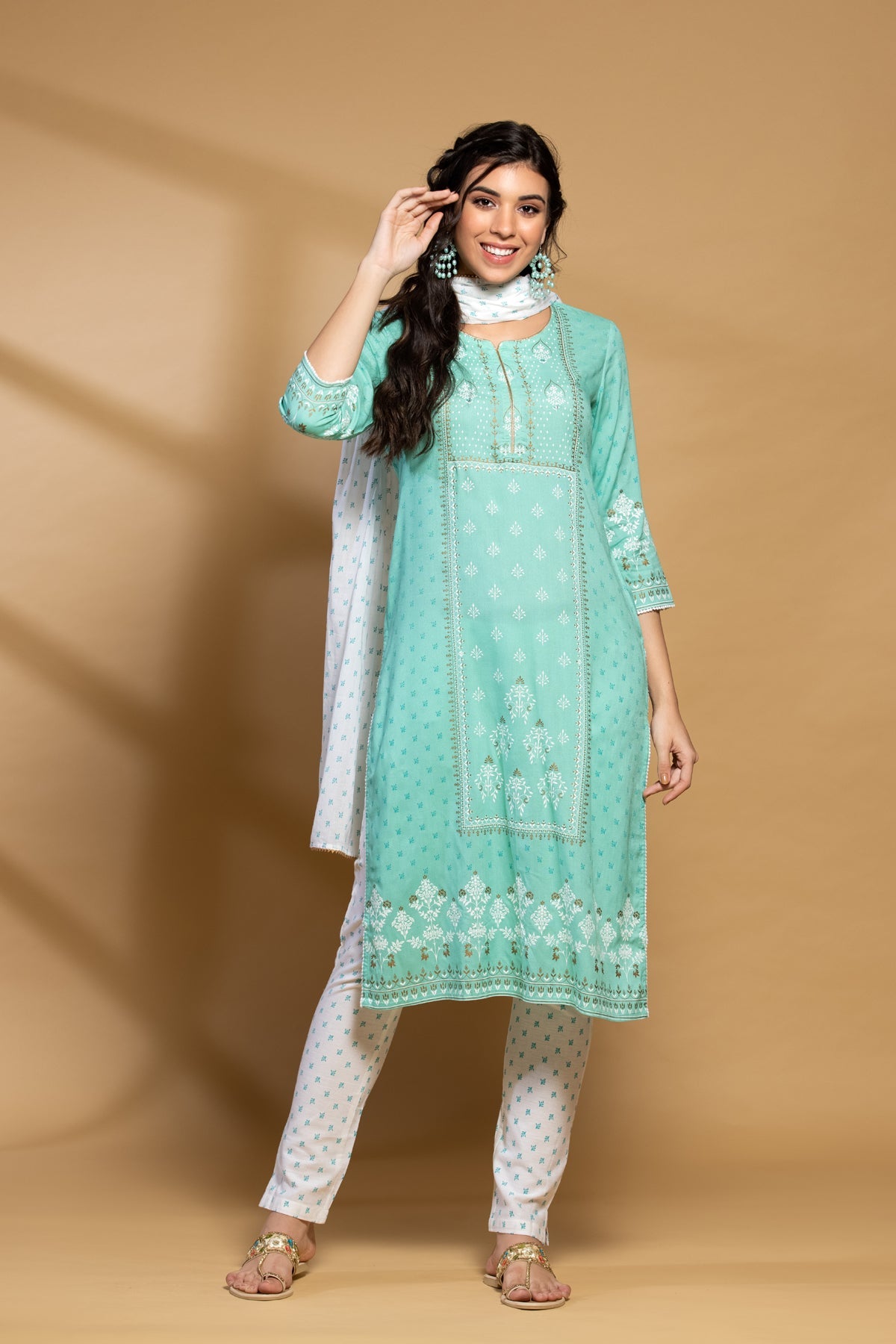 Parrot Green Printed Kurta Set with Dupatta