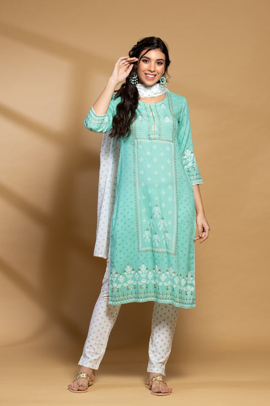 Parrot Green Printed Kurta Set with Dupatta