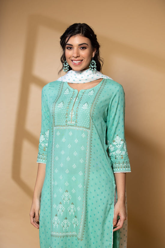 Parrot Green Printed Kurta Set with Dupatta