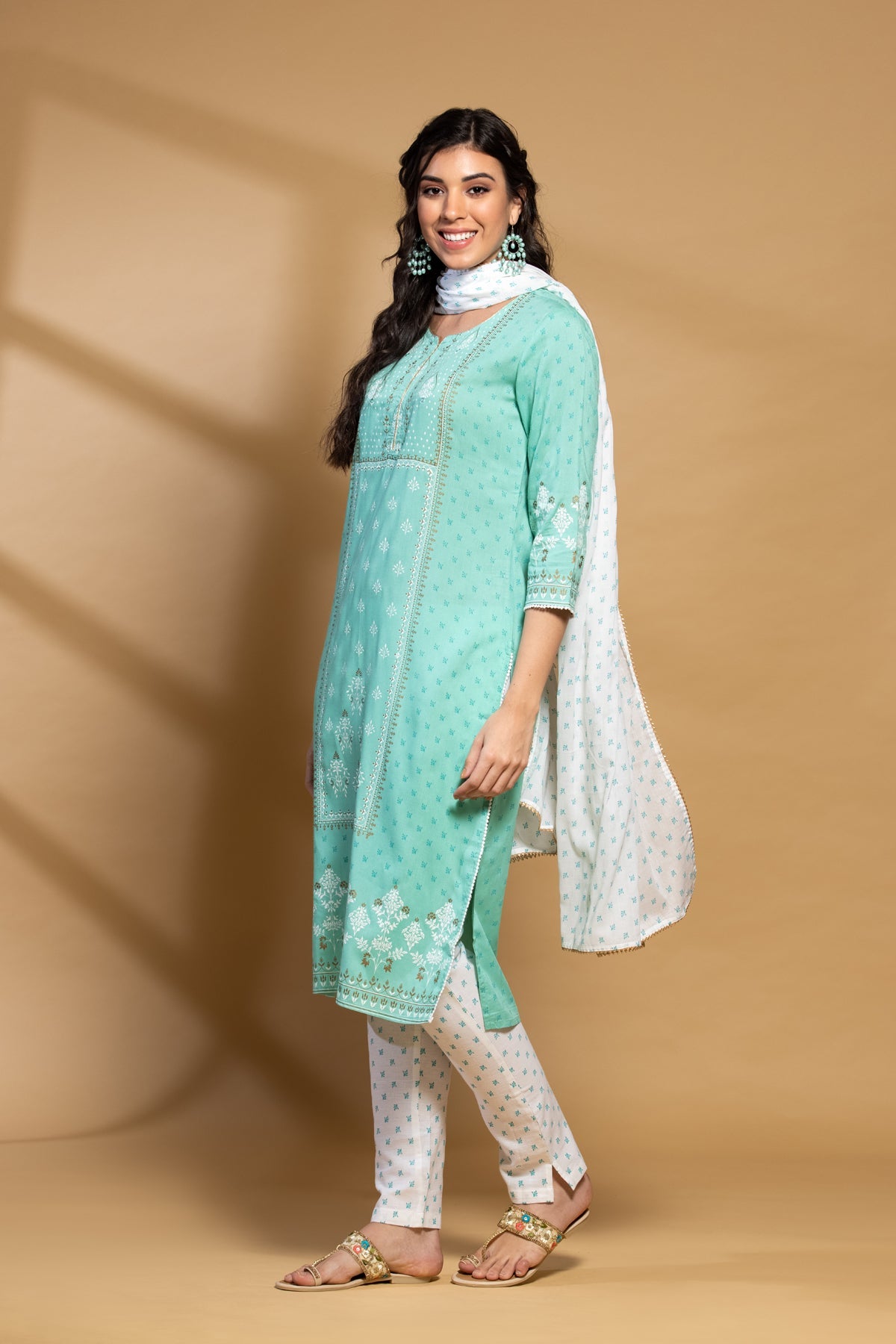 Parrot Green Printed Kurta Set with Dupatta
