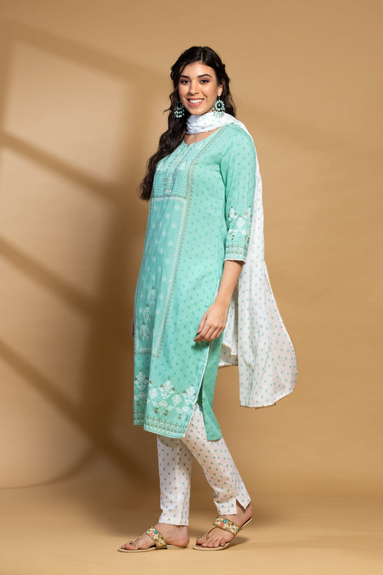 Parrot Green Printed Kurta Set with Dupatta