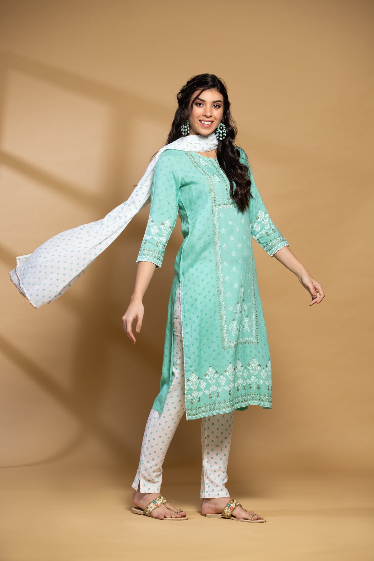 Parrot Green Printed Kurta Set with Dupatta
