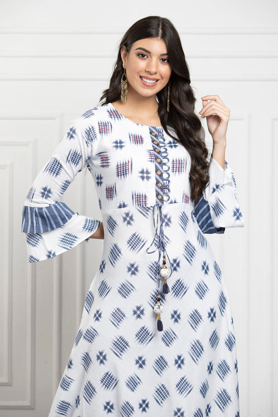 White Grey Printed Cotton Flex Dress