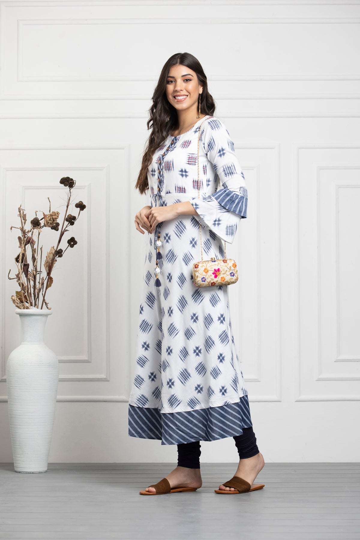 White Grey Printed Cotton Flex Dress