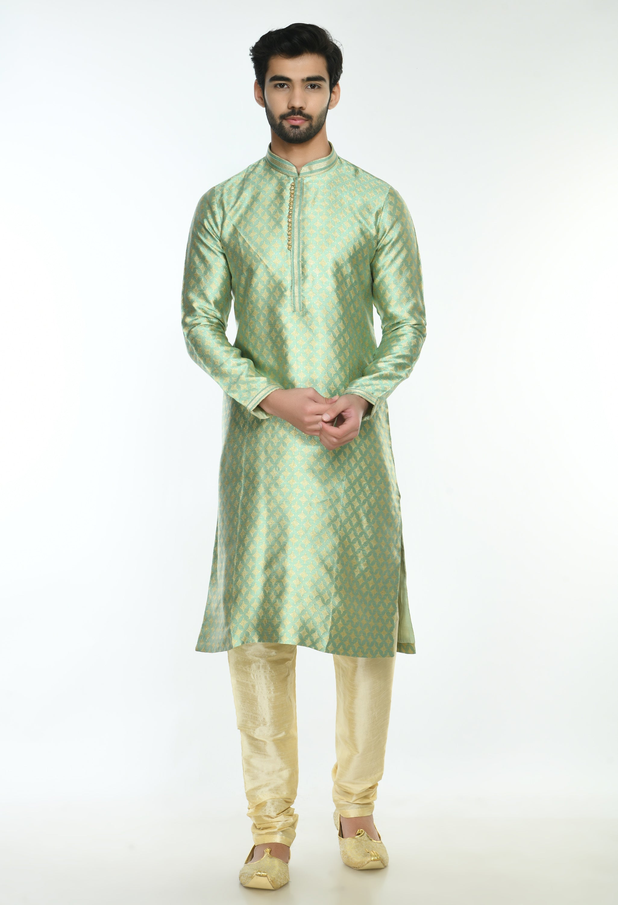 Men Green Cream Woven Design Kurta Set