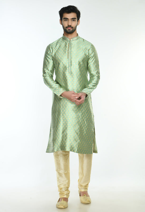 Men Green Cream Woven Design Kurta Set