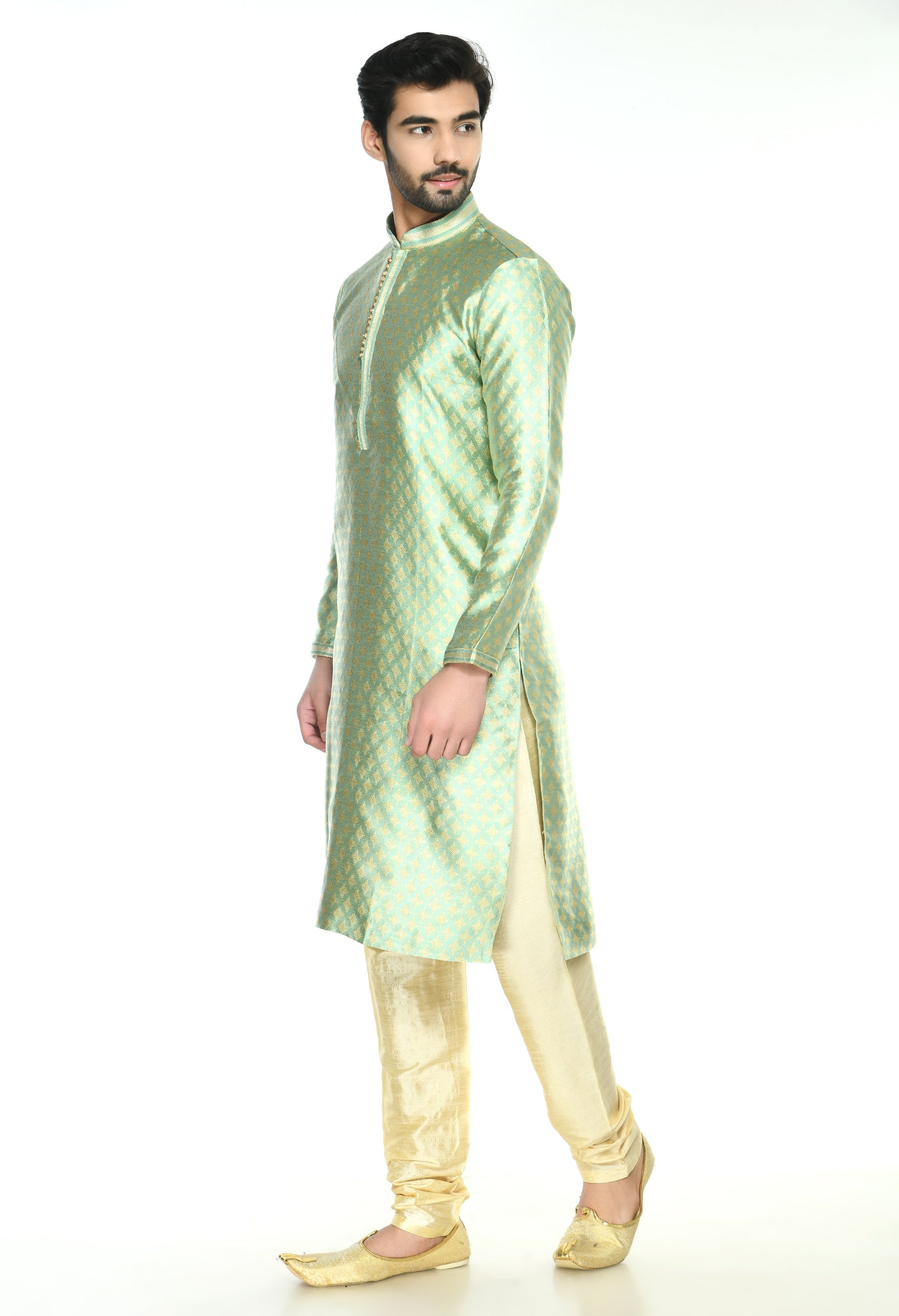 Men Green Cream Woven Design Kurta Set