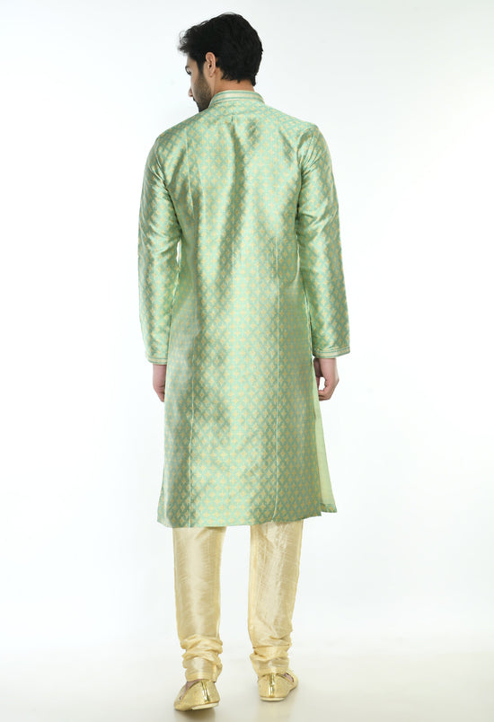 Men Green Cream Woven Design Kurta Set