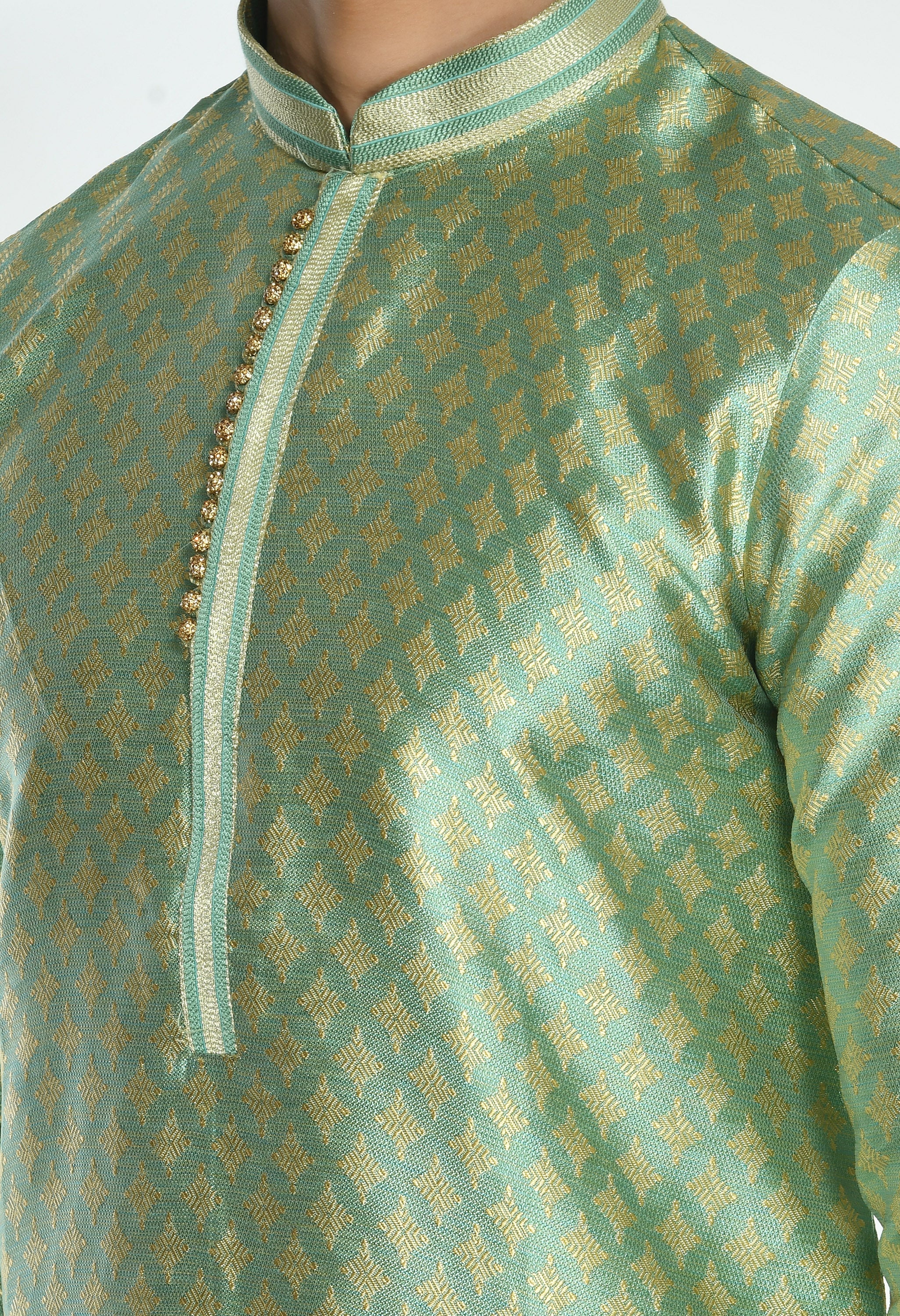 Men Green Cream Woven Design Kurta Set