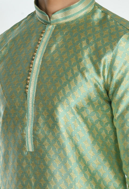 Men Green Cream Woven Design Kurta Set