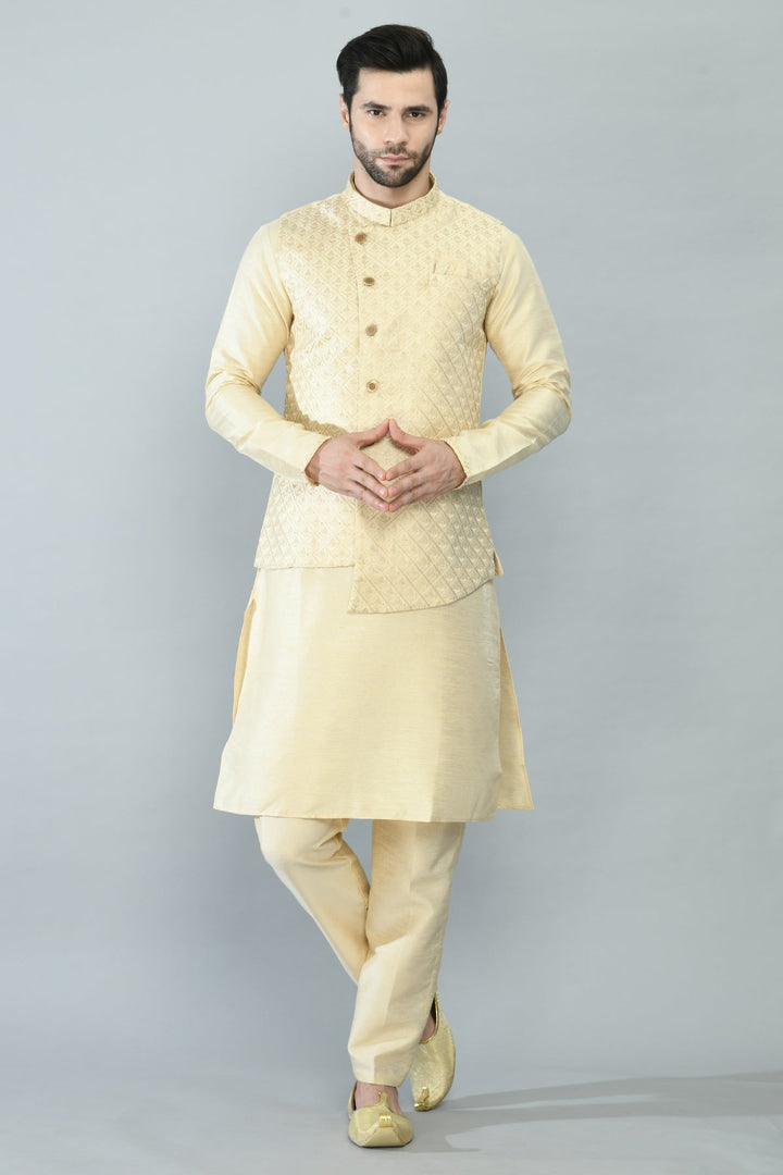 Beige Embroidered Kurta Churidar with Floral Printed Nehru Jacket