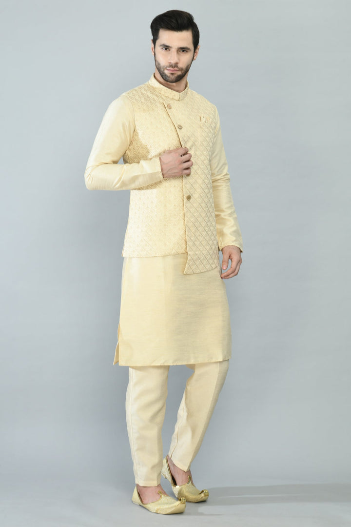 Beige Embroidered Kurta Churidar with Floral Printed Nehru Jacket