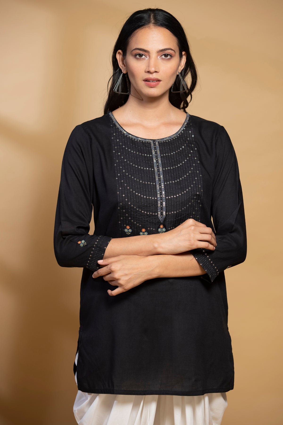Black Yoke Embroidered Straight Top